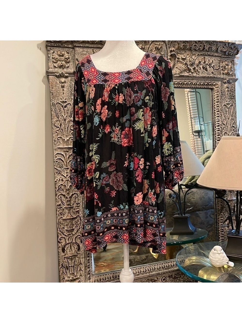 American Rag Boho Floral Peasant Tunic Top Black Long Sleeve Women’s S - Picture 3 of 6